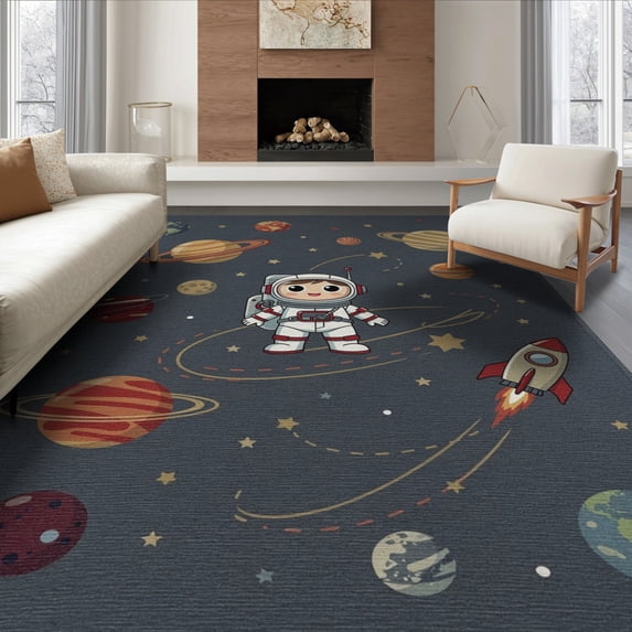ODIKA 6'x9' Washable Area Rug Non-Slip, Chair-Friendly, Playroom Explorer Featuring Characters Science Theme Classroom for Dining Room, Under Table, Office Décor