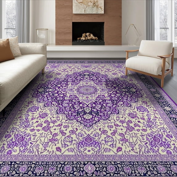 ODIKA 6'x9' Washable Area Rug Non-Slip, Chair-Friendly, Purple Abstract Scroll Swirl Ombre Gradient Bordered Ornamental for Dining Room, Under Table, Office Décor