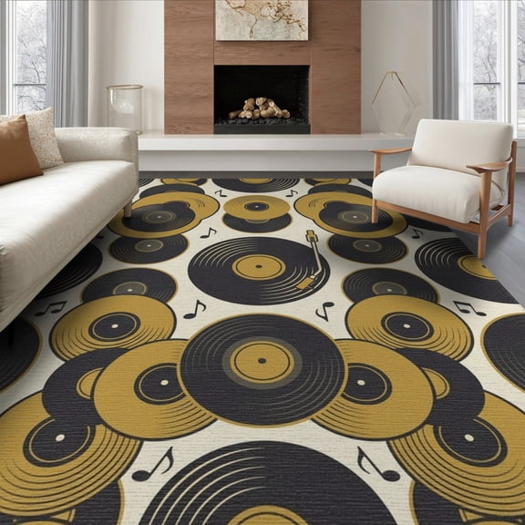 ODIKA 6'x9' Washable Area Rug Non-Slip, Chair-Friendly, Record Vinyl Phonograph Abstract Music Theme Circular Shaped for Dining Room, Under Table, Office Décor