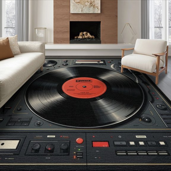 ODIKA 6'x9' Washable Area Rug Non-Slip, Chair-Friendly, Record Vinyl Retro Dj Turntable Cassette Music Motif Border Player for Dining Room, Under Table, Office Décor
