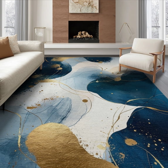 ODIKA 6'x9' Washable Area Rug Non-Slip, Chair-Friendly, Round Abstract Navy Ocean Wave Motif Nautical Swirl Extra Large for Dining Room, Under Table, Office Décor