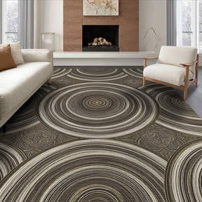 ODIKA 6'x9' Washable Area Rug Non-Slip, Chair-Friendly, Round Decorative Dining Taupe Cream Swirling Circle Abstract for Room, Under Table, Office Décor