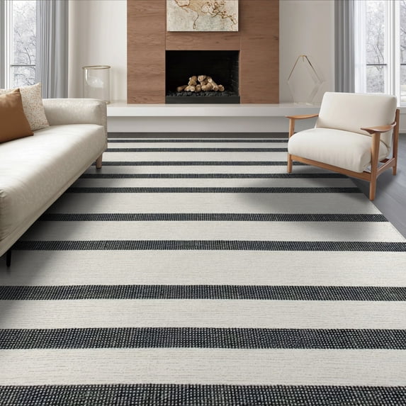 ODIKA 6'x9' Washable Area Rug Non-Slip, Chair-Friendly, Under Striped Door Cabana Farmhouse Layout Ticking Panel Front for Dining Room, Table, Office Décor