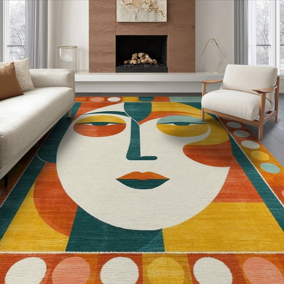 ODIKA 6'x9' Washable Area Rug Non-Slip, Chair-Friendly, Teal Retro Funky Abstract Face Mid-Century Line Art with Bold Border for Dining Room, Under Table, Office Décor