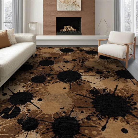 ODIKA 6'x9' Washable Area Rug Non-Slip, Chair-Friendly, Throw Asymmetric Tan Drop Motif Decorative Bold Contrast Grey for Dining Room, Under Table, Office Décor