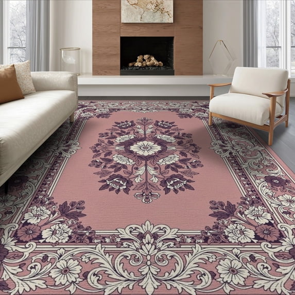 ODIKA 6'x9' Washable Area Rug Non-Slip, Chair-Friendly, Traditional Distressed Frame Ornate Scrolling Border Vintage Flowing Dynamic for Dining Room, Under Table, Office Décor