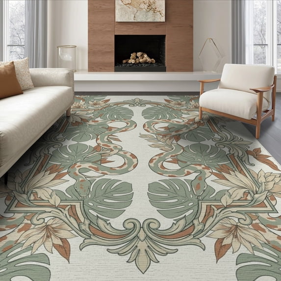 ODIKA 6'x9' Washable Area Rug Non-Slip, Chair-Friendly, Tropical Snake Garden Motif Stylized Nature Print Floor Covering for Dining Room, Under Table, Office Décor