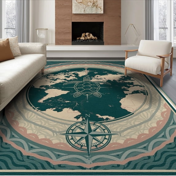 ODIKA 6'x9' Washable Area Rug Non-Slip, Chair-Friendly, Turtle Main Map Nautical Compass Wave Border Coral Reef Ocean Flowing Dynamic for Dining Room, Under Table, Office Décor
