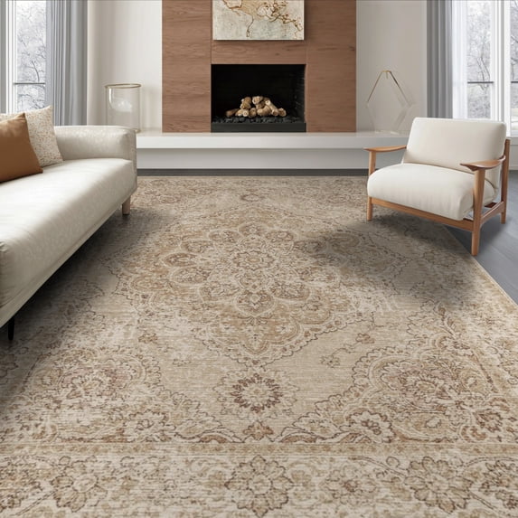 ODIKA 6'x9' Washable Area Rug Non-Slip, Chair-Friendly, Vintage Beige Traditional Layout Boho Distressed Scroll Large Flowing Dynamic for Dining Room, Under Table, Office Décor