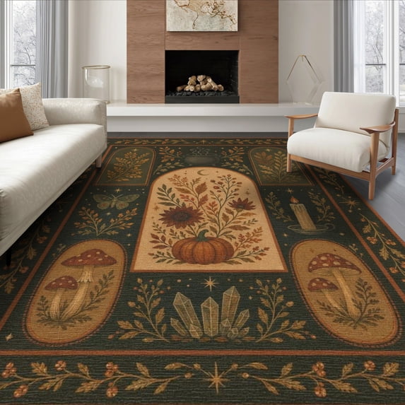 ODIKA 6'x9' Washable Area Rug Non-Slip, Chair-Friendly, Warm Earth Tones Botanical Design Intricate Nature Motifs with Mystical for Dining Room, Under Table, Office Décor