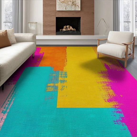 ODIKA 6'x9' Washable Area Rug Non-Slip, Easy Care, Abstract Contemporary Brushstroke Checkered Funky Pink for Family Room, Living Room, Master Bedroom