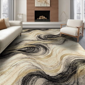ODIKA 6'x9' Washable Area Rug Non-Slip, Easy Care, Abstract Tan Veined Swirls Scattered Cream Grey Yellow for Family Room, Living Room, Master Bedroom