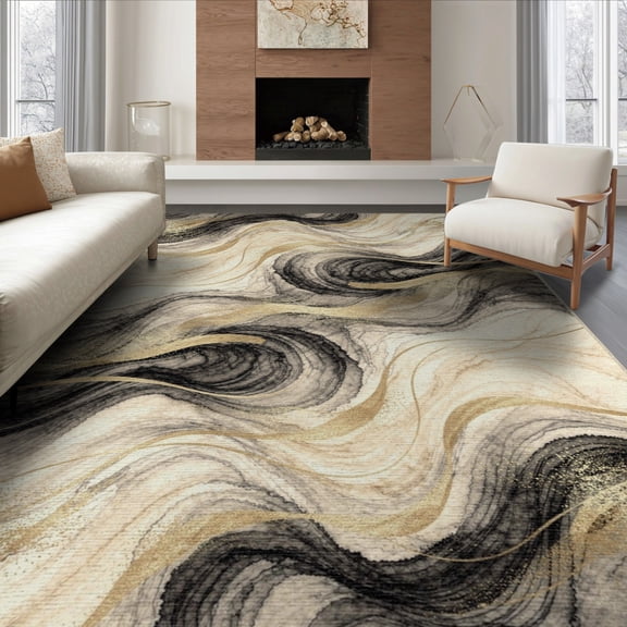 ODIKA 6'x9' Washable Area Rug Non-Slip, Easy Care, Abstract Tan Veined Swirls Scattered Cream Grey Yellow for Family Room, Living Room, Master Bedroom