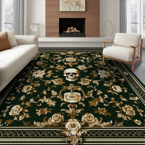 ODIKA 6'x9' Washable Area Rug Non-Slip, Easy Care, Deep Olive Green Baroque Skull Design Victorian Gothic Floral Damask with Accents for Family Room, Living Room, Master Bedroom