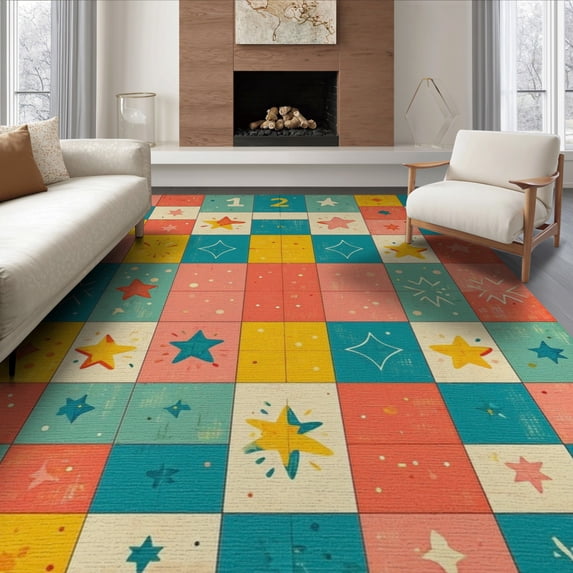 ODIKA 6'x9' Washable Area Rug Non-Slip, Easy Care, Bedside Hopscotch Retro Checkered Grid Storybook Number Layout for Family Room, Living Mater Bedroom