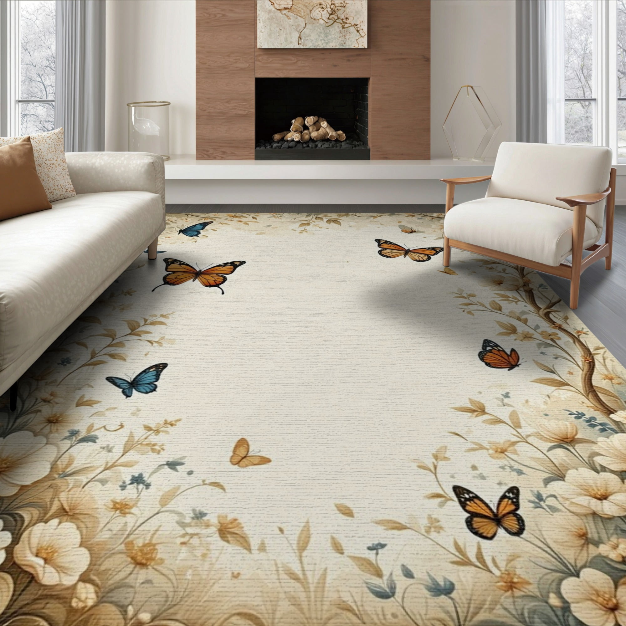 ODIKA 6'x9' Washable Area Rug Non-Slip, Easy Care, Beige Butterfly ...