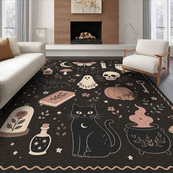 ODIKA 6'x9' Washable Area Rug Non-Slip, Easy Care, Black Beige Enchanted Nighttime Whimsical Motifs Intricate Owl, Skull, and Floral for Family Room, Living Room, Master Bedroom