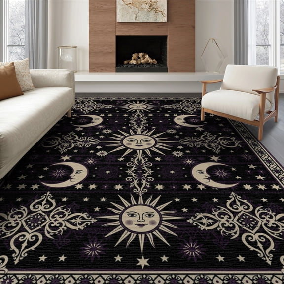 ODIKA 6'x9' Washable Area Rug Non-Slip, Easy Care, Black Purple Round Celestial Design Gothic Sun and Moon with Vintage Accents for Family Room, Living Mater Bedroom