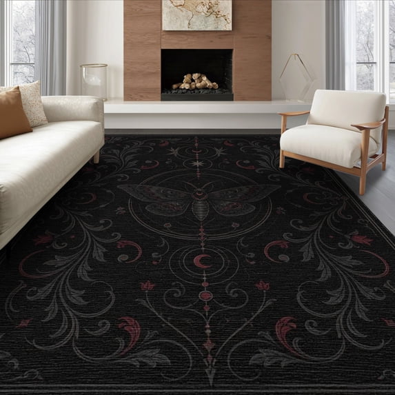 ODIKA 6'x9' Washable Area Rug Non-Slip, Easy Care, Black Red Mystical Moth and Floral Symmetry Elegant Gothic Design with Celestial for Family Room, Living Room, Master Bedroom