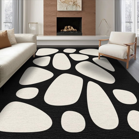 ODIKA 6'x9' Washable Area Rug Non-Slip, Easy Care, Black White Abstract Pebble Design Elegant Contrast with Shapes and Flow for Family Room, Living Room, Master Bedroom
