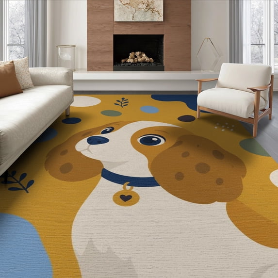 ODIKA 6'x9' Washable Area Rug Non-Slip, Easy Care, Blue Gold Whimsical Canine Illustration Charming Abstract Puppy Motifs with Playful Dots for Family Room, Living Room, Master Bedroom