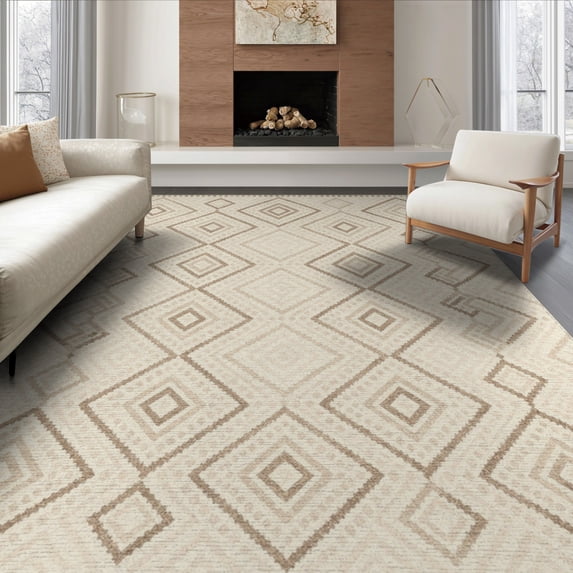 ODIKA 6'x9' Washable Area Rug Non-Slip, Easy Care, Boho Symmetrical Cream Farmhouse Motif Dotted Rows Contemporary for Family Room, Living Room, Master Bedroom