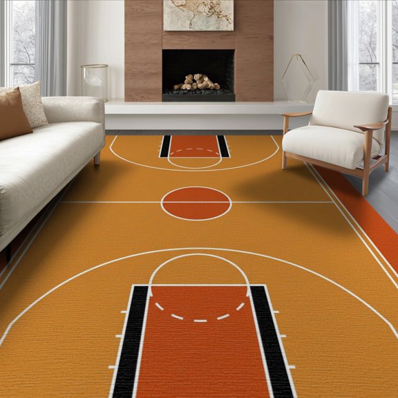 ODIKA 6'x9' Washable Area Rug Non-Slip, Easy Care, Bold Stripe Football Center Hoop Motif Round Blanket Basketball Playful for Family Room, Living Mater Bedroom