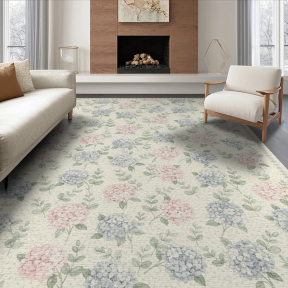 ODIKA 6'x9' Washable Area Rug Non-Slip, Easy Care, Botanical Eucalyptus Sprigs Plaid Frame Pink Cluster Hydrangea Flowing for Family Room, Living Room, Master Bedroom