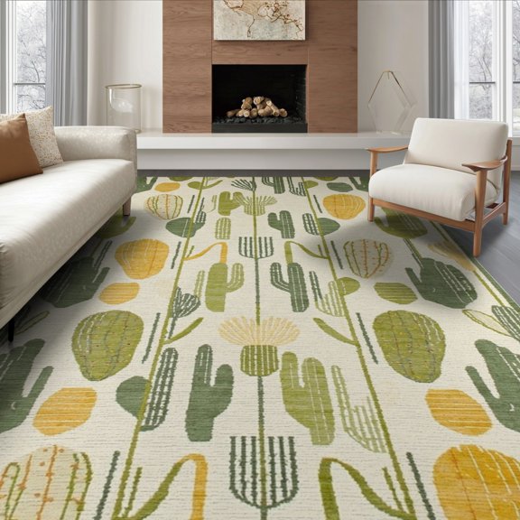 ODIKA 6'x9' Washable Area Rug Non-Slip, Easy Care, Botanical Mid Century Abstract Monstera Forest Sunset Round Circular for Family Room, Living Room, Master Bedroom