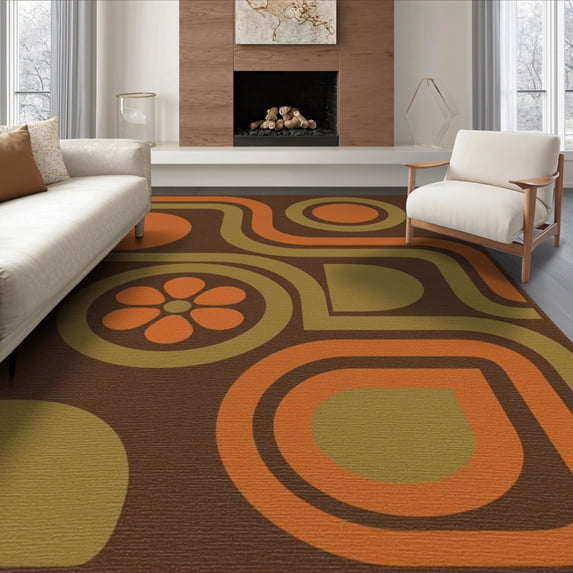ODIKA 6'x9' Washable Area Rug Non-Slip, Easy Care, Brown Orange Geometric Design Elegant Abstract with Modern Artistry for Family Room, Living Room, Master Bedroom