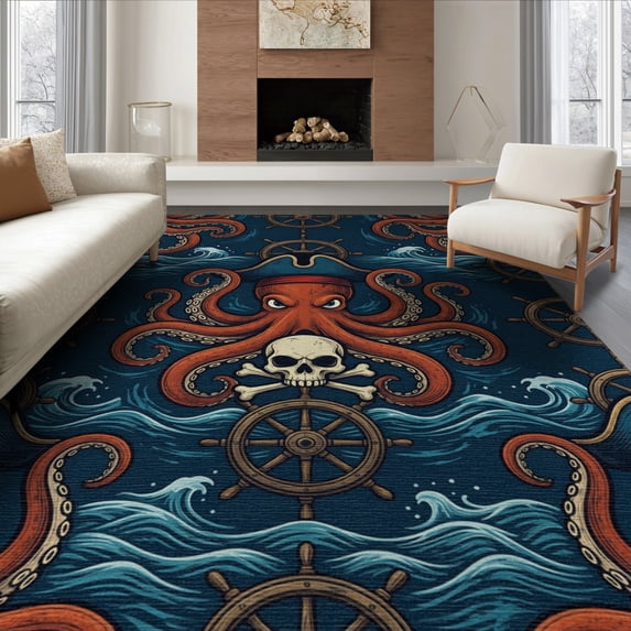 ODIKA 6'x9' Washable Area Rug Non-Slip, Easy Care, Cartoon Nautical Octopus Pirate Themed Abstract Vintage Creature for Family Room, Living Room, Master Bedroom