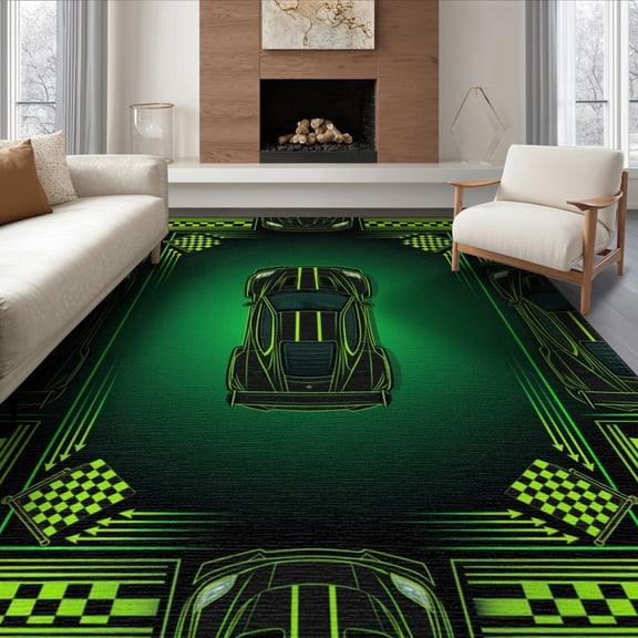 ODIKA 6'x9' Washable Area Rug Non-Slip, Easy Care, Checkered Flags Stripes Track Motif Border Stripe Loop Ombre Car Refined for Family Room, Living Room, Master Bedroom