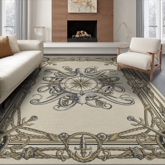 ODIKA 6'x9' Washable Area Rug Non-Slip, Easy Care, Circle Octopus Vintage Nautical Compass Motif Maritime Border for Family Room, Living Room, Master Bedroom