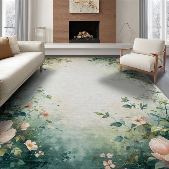 ODIKA 6'x9' Washable Area Rug Non-Slip, Easy Care, Circular Round Vintage Watercolor Impressionist Botanical Border for Family Room, Living Room, Master Bedroom