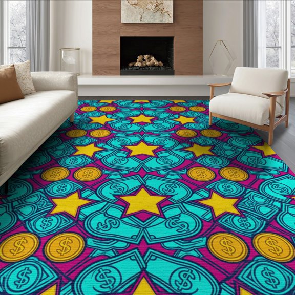 ODIKA 6'x9' Washable Area Rug Non-Slip, Easy Care, Contemporary Cartoon Panel Vivid Graphics Fun Money Symbol Design for Family Room, Living Mater Bedroom