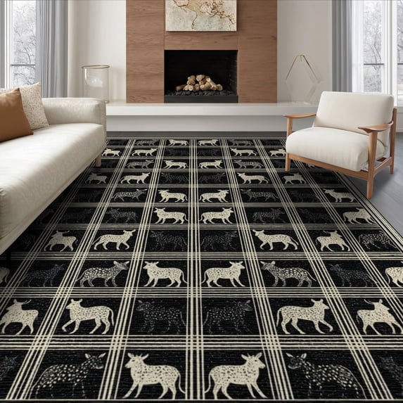 ODIKA 6'x9' Washable Area Rug Non-Slip, Easy Care, Cow Print Splotch Motif Rectangular Covering Artwork Pick Farm for Family Room, Living Room, Master Bedroom