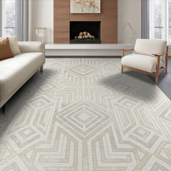 ODIKA 6'x9' Washable Area Rug Non-Slip, Easy Care, Cream Rectangular Softly Aged Abstract Showcasing Illusion Large for Family Room, Living Room, Master Bedroom
