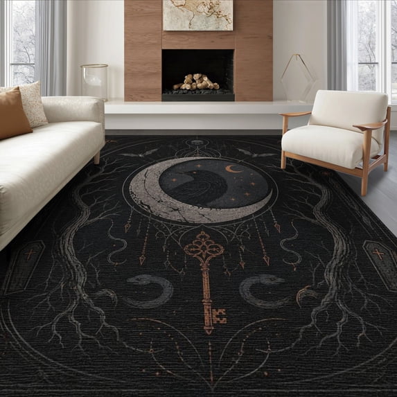 ODIKA 6'x9' Washable Area Rug Non-Slip, Easy Care, Dark Gothic Raven and Moon Design Mystical Nature with Vintage Key for Family Room, Living Room, Master Bedroom
