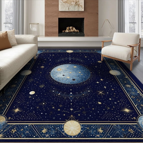 ODIKA 6'x9' Washable Area Rug Non-Slip, Easy Care, Deep Navy Gold Galaxy Starry Astrology Meteorite Uranus Themed Celestial Atlas Design for Family Room, Living Room, Master Bedroom