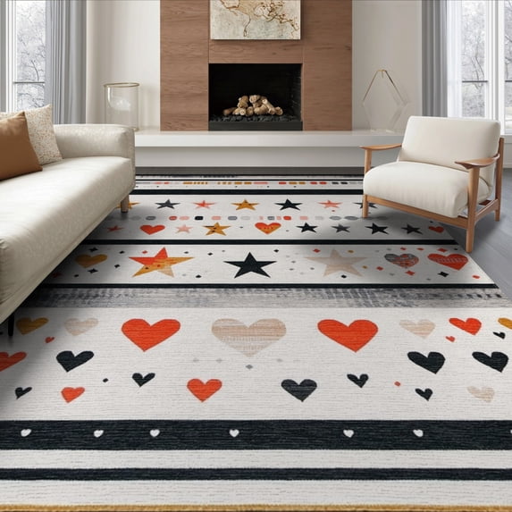 ODIKA 6'x9' Washable Area Rug Non-Slip, Easy Care, Under Door Layered Bold Stripe Stars Motif Layering Doormat Front for Family Room, Living Room, Master Bedroom