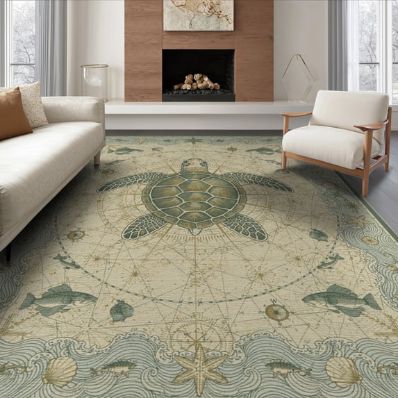 ODIKA 6'x9' Washable Area Rug Non-Slip, Easy Care, Door Ocean Turtle Nautical Vintage Marine Border Round Jellyfish for Family Room, Living Room, Master Bedroom