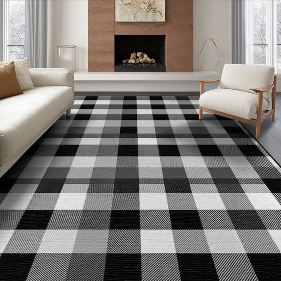 ODIKA 6'x9' Washable Area Rug Non-Slip, Easy Care, Door Welcome Gingham Checkered Plaid Symmetrical Frame Front for Family Room, Living Room, Master Bedroom