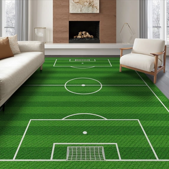 ODIKA 6'x9' Washable Area Rug Non-Slip, Easy Care, Doormat Football Door Stripe Goal Net Athletic Field Soccer Themed for Family Room, Living Room, Master Bedroom