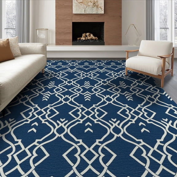 ODIKA 6'x9' Washable Area Rug Non-Slip, Easy Care, Geometric Interlocking Trellis Tasseled Boho Lattice Front Door Motif Playful for Family Room, Living Room, Master Bedroom