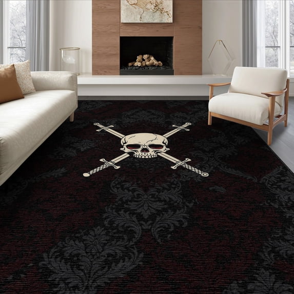 ODIKA 6'x9' Washable Area Rug Non-Slip, Easy Care, Ghost Spooky Horror Ornate Scrollwork Death Gothic Halloween for Family Room, Living Room, Master Bedroom