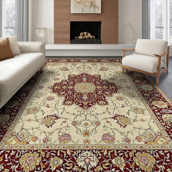 ODIKA 6'x9' Washable Area Rug Non-Slip, Easy Care, Gold Vintage Hallways Burgundy Design Ornate Floral Medallion with Scroll Motifs for Family Room, Living Room, Master Bedroom