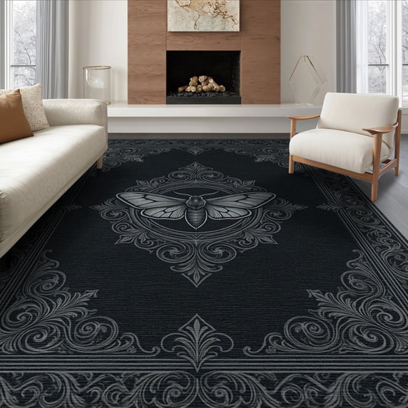 ODIKA 6'x9' Washable Area Rug Non-Slip, Easy Care, Goth Moth Academia Vintage Scroll Border Traction Boho Gothic Refined Structured for Family Room, Living Mater Bedroom