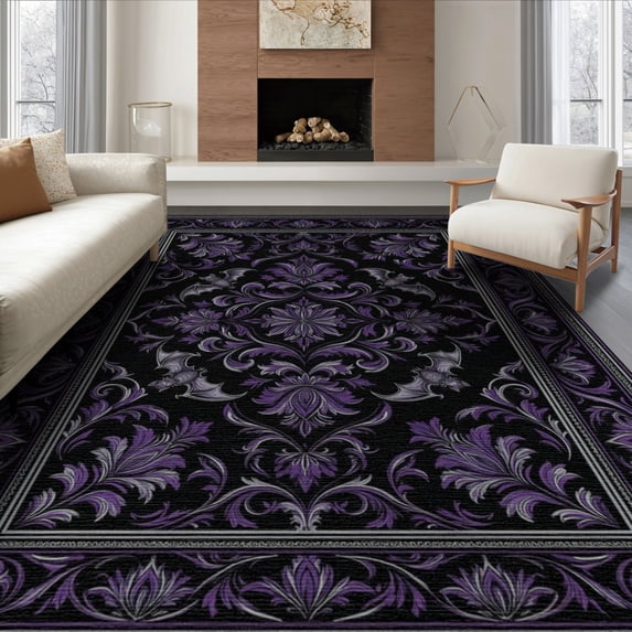 ODIKA 6'x9' Washable Area Rug Non-Slip, Easy Care, Gothic Symmetrical Bat Flying Print Vintage Halloween Flowers for Family Room, Living Room, Master Bedroom