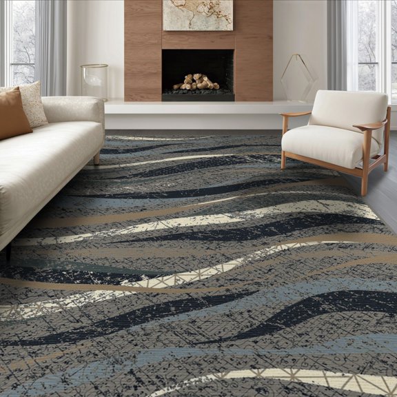 ODIKA 6'x9' Washable Area Rug Non-Slip, Easy Care, Grey Abstract Distressed Wave Transitional Border That Couch Navy Flowing for Family Room, Living Room, Master Bedroom