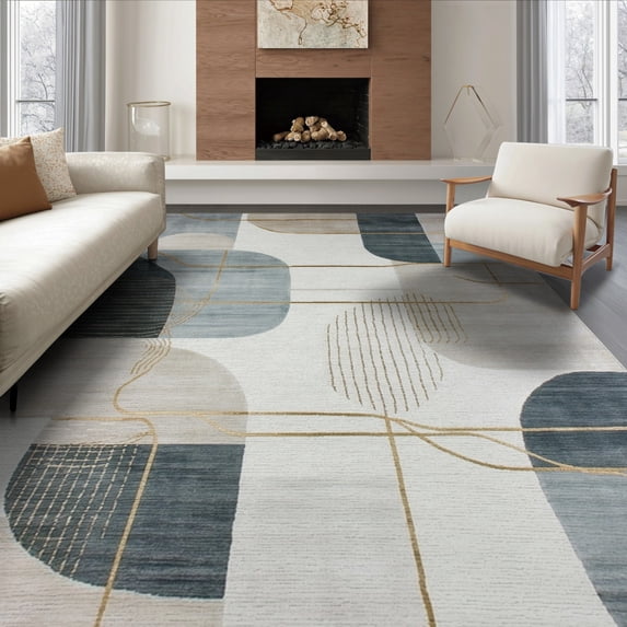 ODIKA 6'x9' Washable Area Rug Non-Slip, Easy Care, Grey Faded Abstract Geometric Motif Brushstroke Wohnzimmer Under for Family Room, Living Room, Master Bedroom